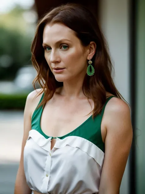 Realistic photo of a beautiful jul14nn3m woman, 1girl, solo, long hair, looking at viewer, simple background, red hair, shirt, jewelry, green eyes, upper body, earrings, parted lips, sleeveless, lips, hand in own hair, realistic, soft lighting, professional Photography, Photorealistic, detailed, RAW, analog, sharp focus, 8k, HD, high quality, masterpiece<lora:jul14nn3m:1.0>