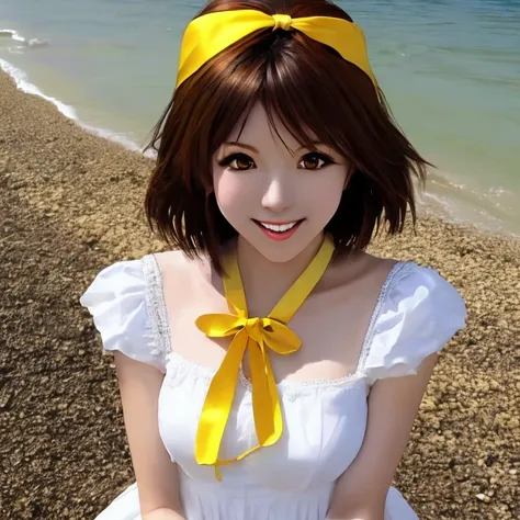 sks moesharp, anime, waifu, [[realistic]], masterpiece, best quality, (((Haruhi Suzumiya))) wearing a yellow headband with a yellow ribbon on both side and a white sundress, [[angry]] smile, looking at viewer, official art, dark brown hair, beautiful symmetric face, perfect face, sexy face, beautiful golden eyes, bob cut, messy hair, at a beach on a summer day, alone, solo, 8k, 3d, cg