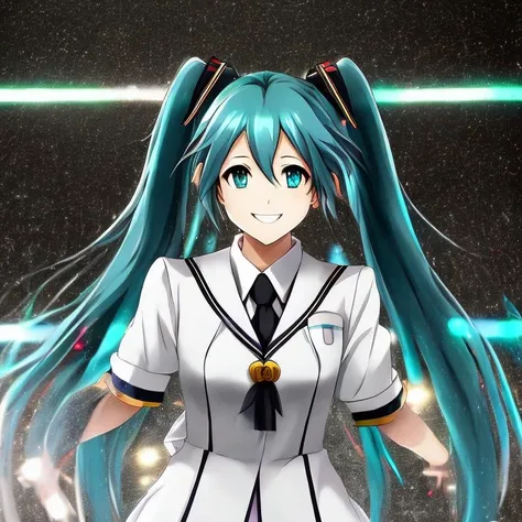 anime, realistic, masterpiece, best quality, Miku Hatsune, wearing a white uniform, singing on a stage at a concert, twintails, smile, looking at viewer, official art, beautiful symmetric face, beautiful eyes, alone, solo, 8k, professional illustration