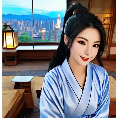 zkz atashi, waifu, realistic, masterpiece, best quality, Chinese Taiwanese (((zkz atashi))) wearing a blue yukata, looking at viewer, official art, black hair, ((beautiful symmetric face), perfect face, pretty face, [kawaii face], sexy face), beautiful brown eyes, ponytail, at a Japanese room, city nightscape from the window, alone, solo, 8k