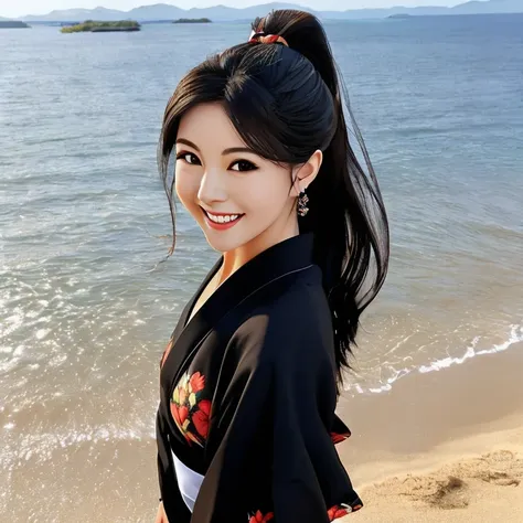 zkz atashi, waifu, realistic, masterpiece, best quality, Chinese Taiwanese (((zkz atashi))) wearing a black yukata, smile, looking at viewer, official art, black hair, ((beautiful symmetric face), perfect face, pretty face, [kawaii face], sexy face), beautiful brown eyes, ponytail, at a beach on a summer day, alone, solo, 8k