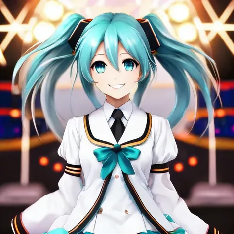 sks moesharp, anime, realistic, masterpiece, best quality, Miku Hatsune, wearing a white uniform, singing on a stage at a concert, twintails, smile, looking at viewer, official art, beautiful symmetric face, beautiful eyes, alone, solo, 8k, professional illustration