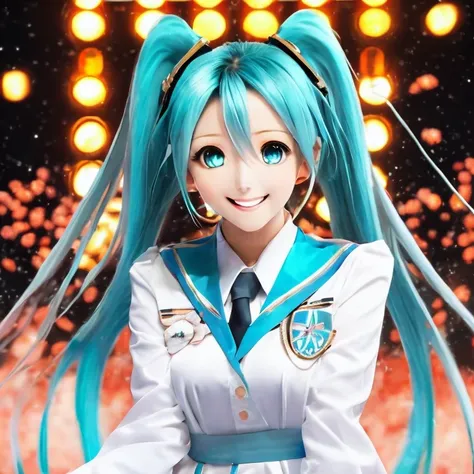 zkz atashi, anime, realistic, masterpiece, best quality, Miku Hatsune, wearing a white uniform, singing on a stage at a concert, twintails, smile, looking at viewer, official art, beautiful symmetric face, beautiful eyes, alone, solo, 8k, professional illustration