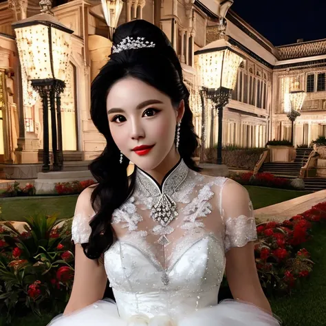 a photograph of zkz atashi, photorealistic, realistic, masterpiece, best quality, Chinese Taiwanese Korean superstar (((((zkz atashi))))) wearing a wedding dress, looking at viewer, official art, black hair, ((beautiful symmetric face), perfect face, (pretty face), [[kawaii face]], (sexy face)), beautiful brown eyes, ((ponytail)), in a Rococo style European palace at night, alone, solo, 8k