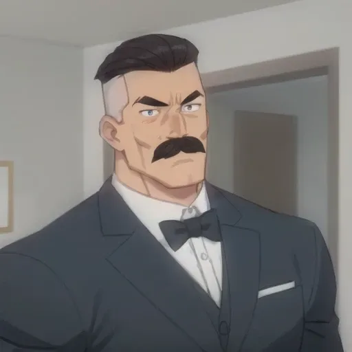 man,<lora:omniman:0.6>, mustache, muscular, suit, indoors, close up