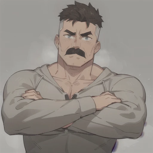 man,<lora:omnimanv2:0.6>, mustache, muscular, flexing muscules, gray hoodie, upper body close up,