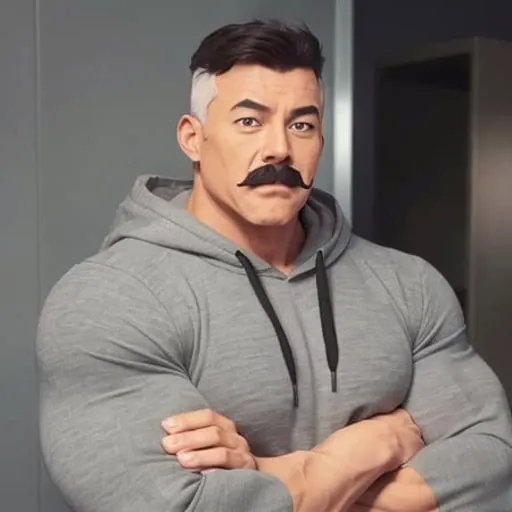 man,<lora:omniman:0.6>, mustache, muscular, flexing muscules, gray hoodie, upper body close up,