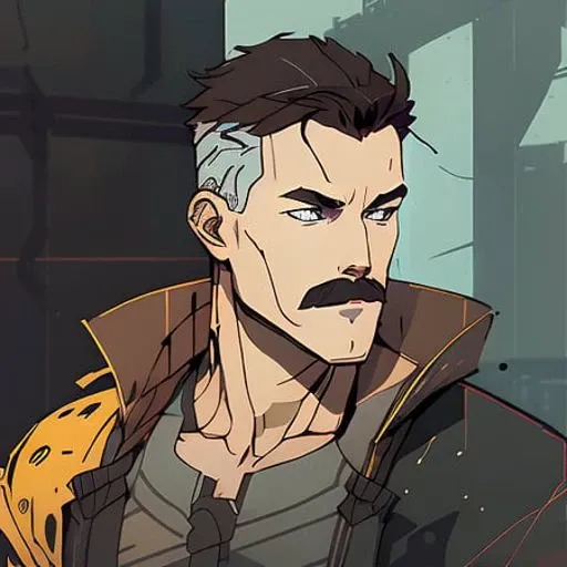 nvinkpunk, man,<lora:omniman:0.6>, mustache, muscular, long black jacket, upper body close up,