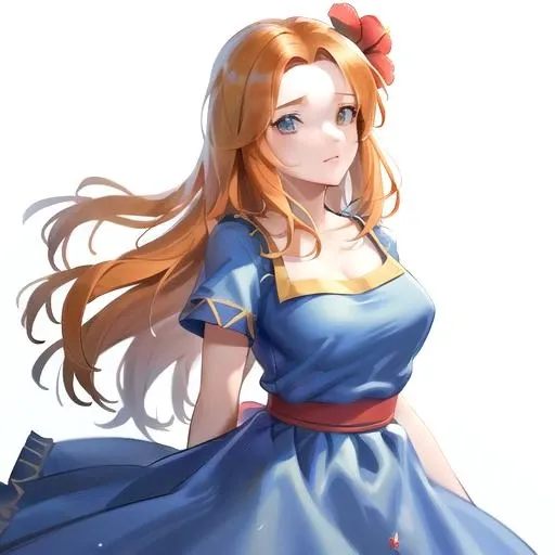 best quality, (masterpiece:1.5),(ultra-detailed), (high quality:1.3), (high resolution), <lora:marin:0.7>, marin, blue dress, orange hair, hair flower,