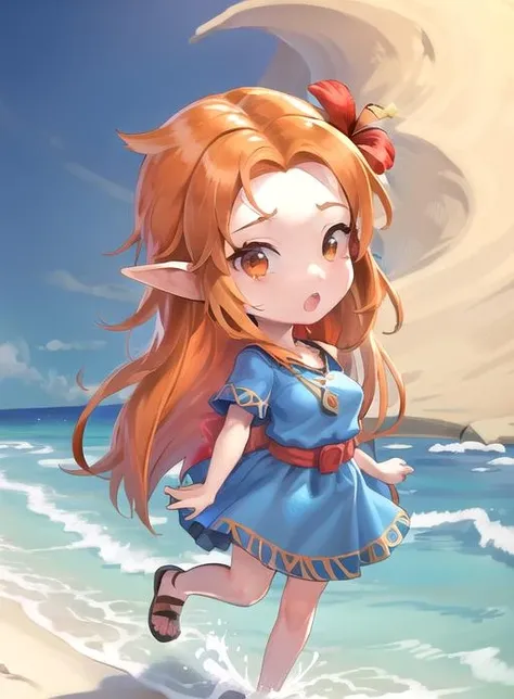 best quality, (masterpiece:1.5),(ultra-detailed), (high quality:1.3), (high resolution), <lora:marin:0.7>, marin, blue dress, orange hair, hair flower, brown eyes, pointy ears, necklace, beach, chibi,