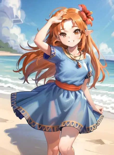 best quality, (masterpiece:1.5),(ultra-detailed), (high quality:1.3), (high resolution), <lora:marin:0.7>, marin, blue dress, orange hair, hair flower, brown eyes, pointy ears, necklace, beach, chibi,