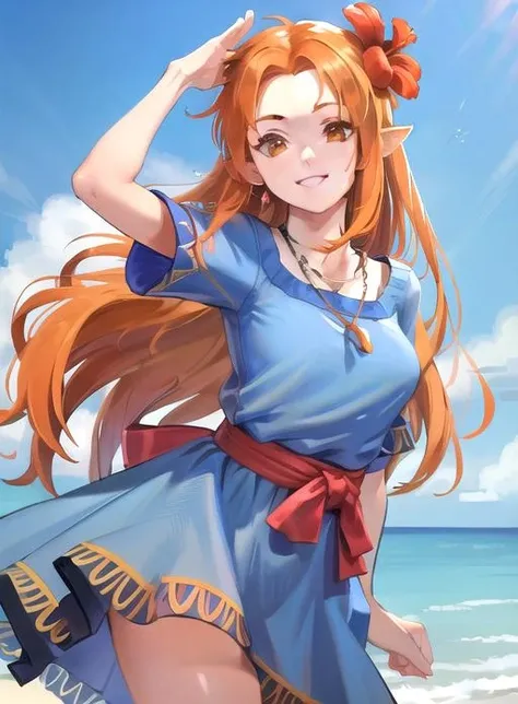 best quality, (masterpiece:1.5),(ultra-detailed), (high quality:1.3), (high resolution), <lora:marin:0.7>, marin, blue dress, orange hair, hair flower, brown eyes, pointy ears, necklace, beach,