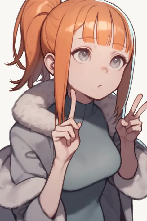 score_7_up, high resolution, 1girl, looking up, stop \(gesture\), sideways mouth, orange hair, front ponytail, heavy fringe, light grey eyes, medium breasts, grey fur-trimmed coat <lora:kuroboshi_kouhaku_PonyXL_style_v01.09:1>