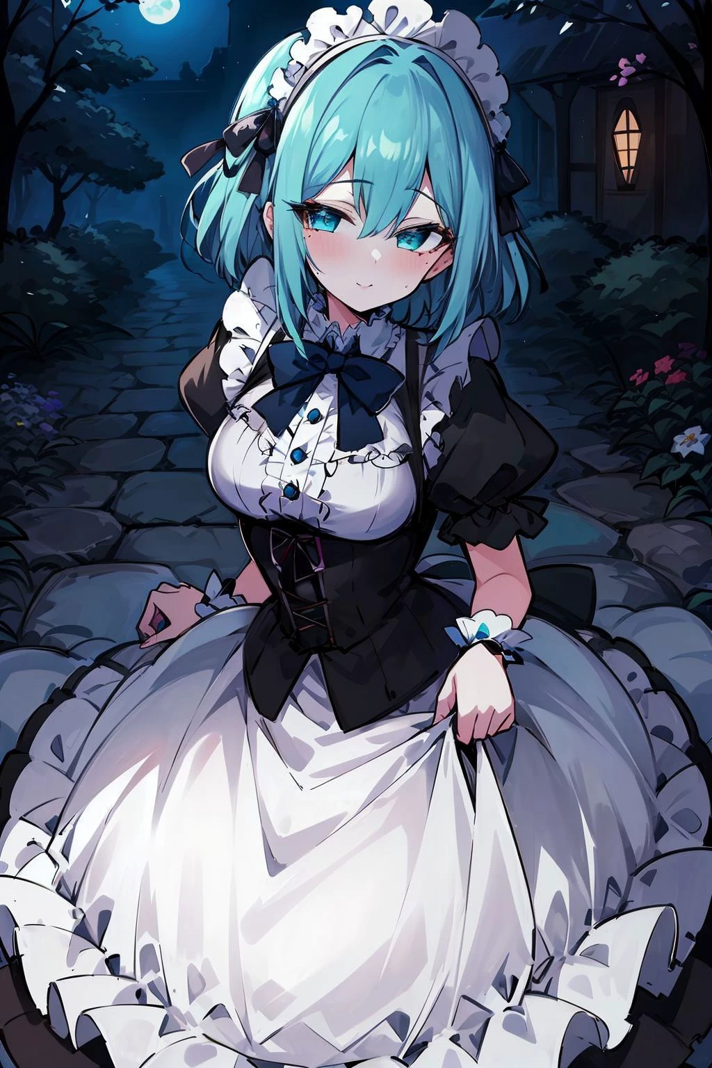 masterpiece, best quality, solo, 1girl, detailed eyes, detailed hands, detailed lighting, highres,
<lora:add_detail:0.4>
<lora:CosmicEyes:0.2>, aqua eyes,
<lora:EraseGroinSkirt:0.7>
<lora:Sornella:0.9> , sornella, (center frills:1.5), buttons, white thighhighs, puffy sleeves, corset, maid headdress, frilled dress,