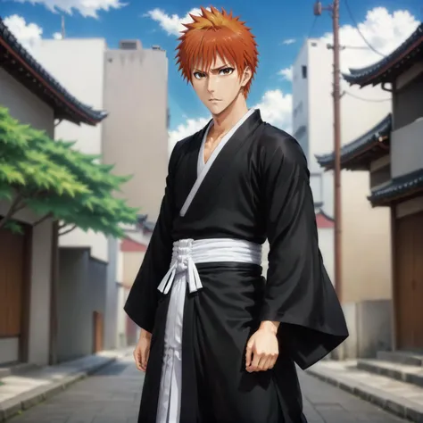 anime artwork kurosaki ichigo,  <lora:ichigov2:0.8>, with (black kimono:1), in city, anime style, anime style, key visual, vibrant, studio anime,  highly detailed