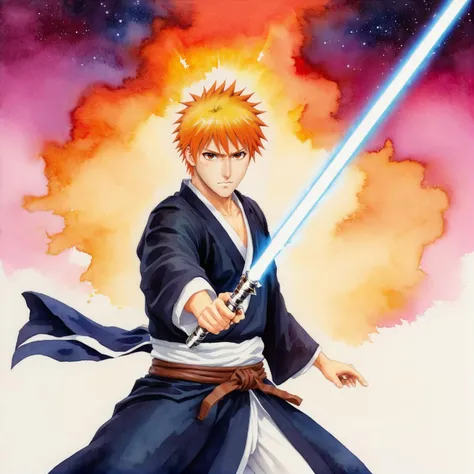 ethereal fantasy concept art of watercolor painting ethereal fantasy concept art of watercolor painting kurosaki ichigo as a jedi with a light sabe, holding a lightsaber, handmade, delicate, impressionistic, bright, vivid, colorful, highly detailed, magnificent, celestial, ethereal, painterly, epic, majestic, magical, fantasy art, cover art, dreamy, <lora:ichigov2:0.8>, handmade, delicate, impressionistic, bright, vivid, colorful, highly detailed, magnificent, celestial, ethereal, painterly, epic, majestic, magical, fantasy art, cover art, dreamy