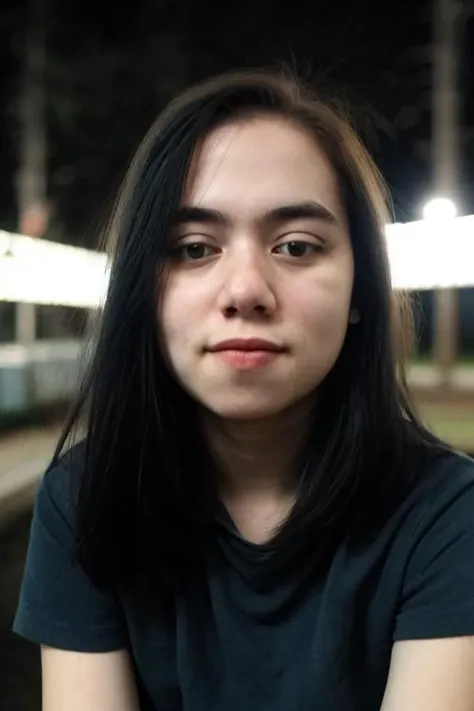 high quality, night photo, hyper realistic portrait photo of 18 y.o girl, pale skin, wearing black casual clothes, bokeh,  <lora: IndonesiaGirlv3:1>