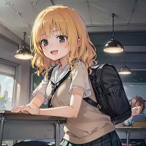 1girl, (blonde hair, wavy hair, colored hair bangs, black eyes), (school uniform), (backpack), smile, :D,(wild, sky, leafs around, Magic:1.2), from below,
(detailed landscape, classroom, lights, paper:1.2), (background:1), (dynamic_angle:1.2), (dynamic_pose:1.2), (rule of third_composition:1.3), (dynamic_perspective:1.2), (dynamic_Line_of_action:1.2), solo, wide shot,
(masterpiece:1.2), (best quality, highest quality), (ultra detailed), (8k, 4k, intricate),(full-body-shot:1), (Cowboy-shot:1.2), (50mm), (highly detailed:1.2),(detailed face:1.2), detailed_eyes,(gradients),(ambient light:1.3),(cinematic composition:1.3),(HDR:1),Accent Lighting,extremely detailed, original, highres,(perfect_anatomy:1.2),
<lora:HomuraSubaru_Style-20:0.85>