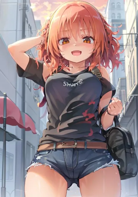 (perfect anatomy:1.2), 20 year old girl, orange short hair, orange eyes, (happy), long braided strand raised by wind, wide open eyes, one hand in hair, looking at viewer, denim shorts, (fingerless gloves), (city background:1.2), outdoor, ((black t-shirt:1.1)), red gym bag, strap between breasts, open vest, wild hair style, medium breasts, <lora:HomuraSubaru_Style:1>, (masterpiece:1.2), (best quality, highest quality), (50mm), (ultra detailed), (8k, 4k, intricate), (highly detailed:1.2), detailed face:1.2, (detailed eyes:1.2), gradients, sunset, red sky, ambient light:1.3, cinematic composition:1.3, HDR:1, Accent Lighting, extremely detailed, original, highres, dynamic lighting, dynamic shadows,