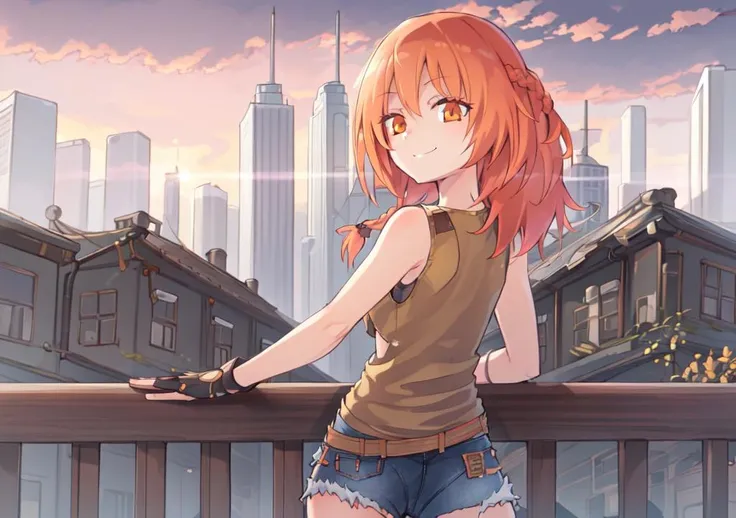 1girl, orange short hair, orange eyes, (smile:1.2), long braided strand, looking at viewer, denim shorts, torn clothes:1.2, fingerless gloves, back leaning against wall, (city background:1.2), outdoor, black tshirt, tactical vest, wild hair style, medium breasts, <lora:HomuraSubaru_Style:1>, (masterpiece:1.2), (best quality, highest quality), (180mm), (ultra detailed), (8k, 4k, intricate), (highly detailed:1.2), detailed face:1.2, detailed eyes, gradients, sunset, red sky, ambient light:1.3, cinematic composition:1.3, HDR:1, Accent Lighting, extremely detailed, original, highres, (perfect anatomy:1.2),