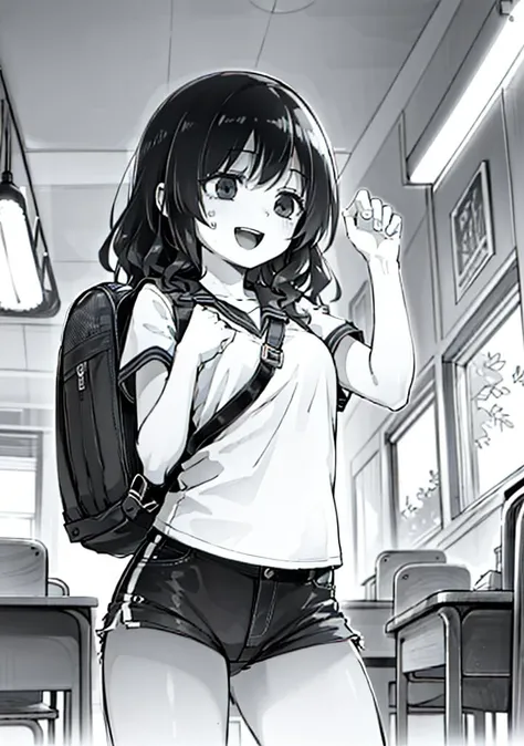 1girl, (black hair, wavy hair, colored hair bangs, black eyes), (sport uniform, shorts), (backpack), smile, :D,(wild, sky, leafs around, Magic:1.2), from below,
(detailed landscape, classroom, lights, paper:1.2), (background:1), (dynamic_angle:1.2), (dynamic_pose:1.2), (rule of third_composition:1.3), (dynamic_perspective:1.2), (dynamic_Line_of_action:1.2), solo, wide shot,
(masterpiece:1.2), (best quality, highest quality), (ultra detailed), (8k, 4k, intricate),(full-body-shot:1), (Cowboy-shot:1.2), (50mm), (highly detailed:1.2),(detailed face:1.2), detailed_eyes,(ambient light:1.3),(cinematic composition:1.3),(HDR:1),Accent Lighting,extremely detailed, original, highres,(perfect_anatomy:1.2),
<lora:HomuraSubaru_Style-20:0.85> <lora:animeLineartMangaLike_v30MangaLike:0.8>, (greyscale:1.2)