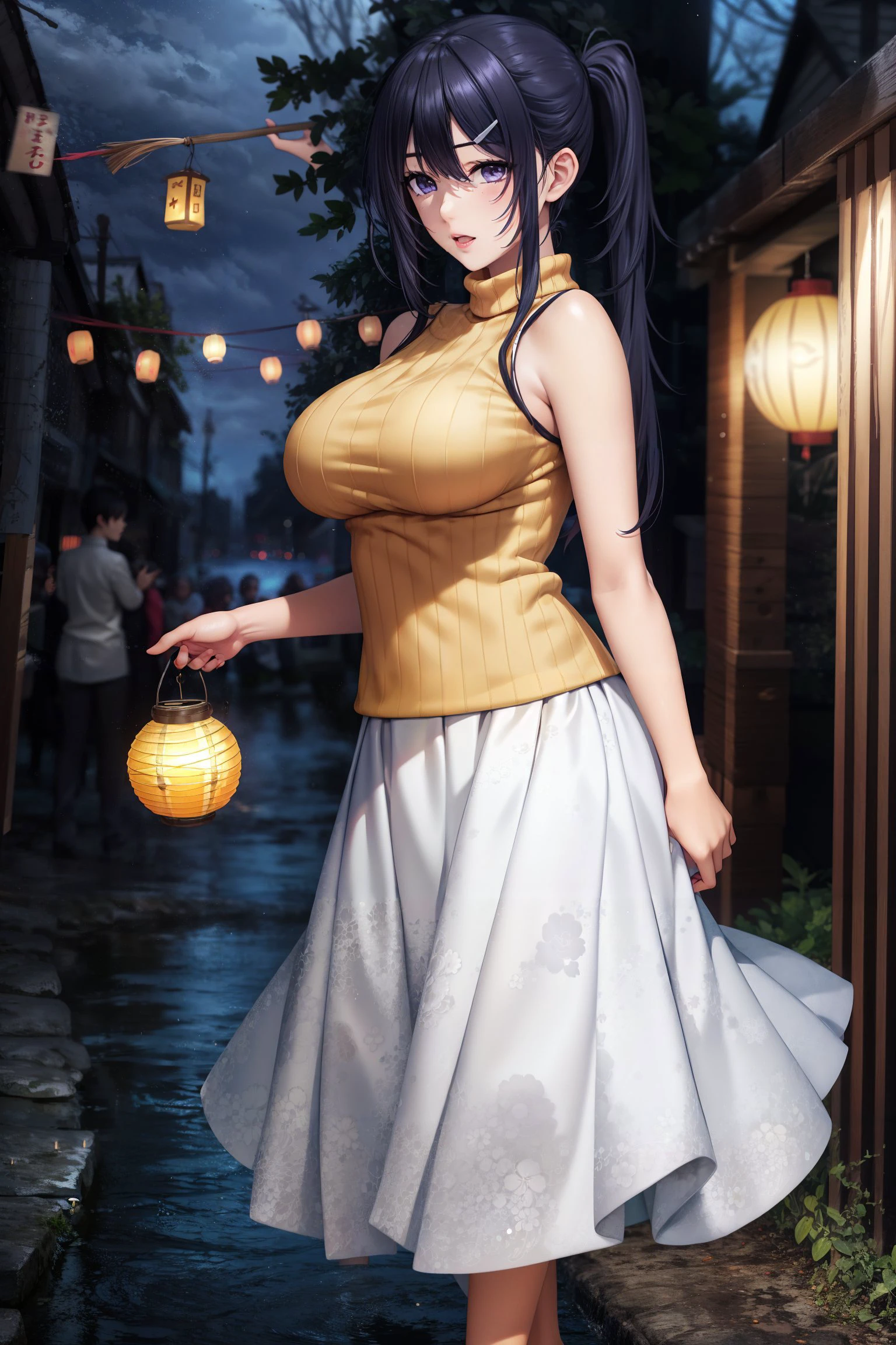 masterpiece, best quality, <lora:suiren-10:0.7>, suiren_s2s, 1girl, solo, long hair, bangs, large breasts, black hair, purple eyes, ponytail, sidelocks, hair ornament, bare shoulders, standing, holding lanterns, lanterns, festival, white skirt, long skirt, ribbed sweater, sleeveless turtleneck, yellow sweater, full body, night, outside, <lora:LowRA:0.7>, absurdres, highres,