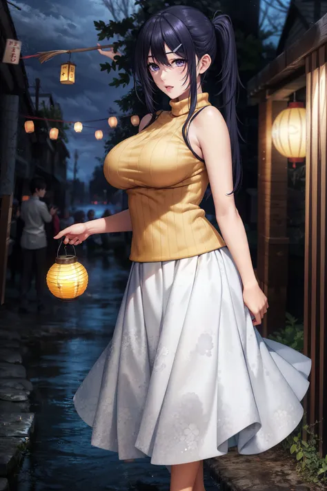 masterpiece, best quality, <lora:suiren-10:0.7>, suiren_s2s, 1girl, solo, long hair, bangs, large breasts, black hair, purple eyes, ponytail, sidelocks, hair ornament, bare shoulders, standing, holding lanterns, lanterns, festival, white skirt, long skirt, ribbed sweater, sleeveless turtleneck, yellow sweater, full body, night, outside,  <lora:LowRA:0.7>, absurdres, highres,