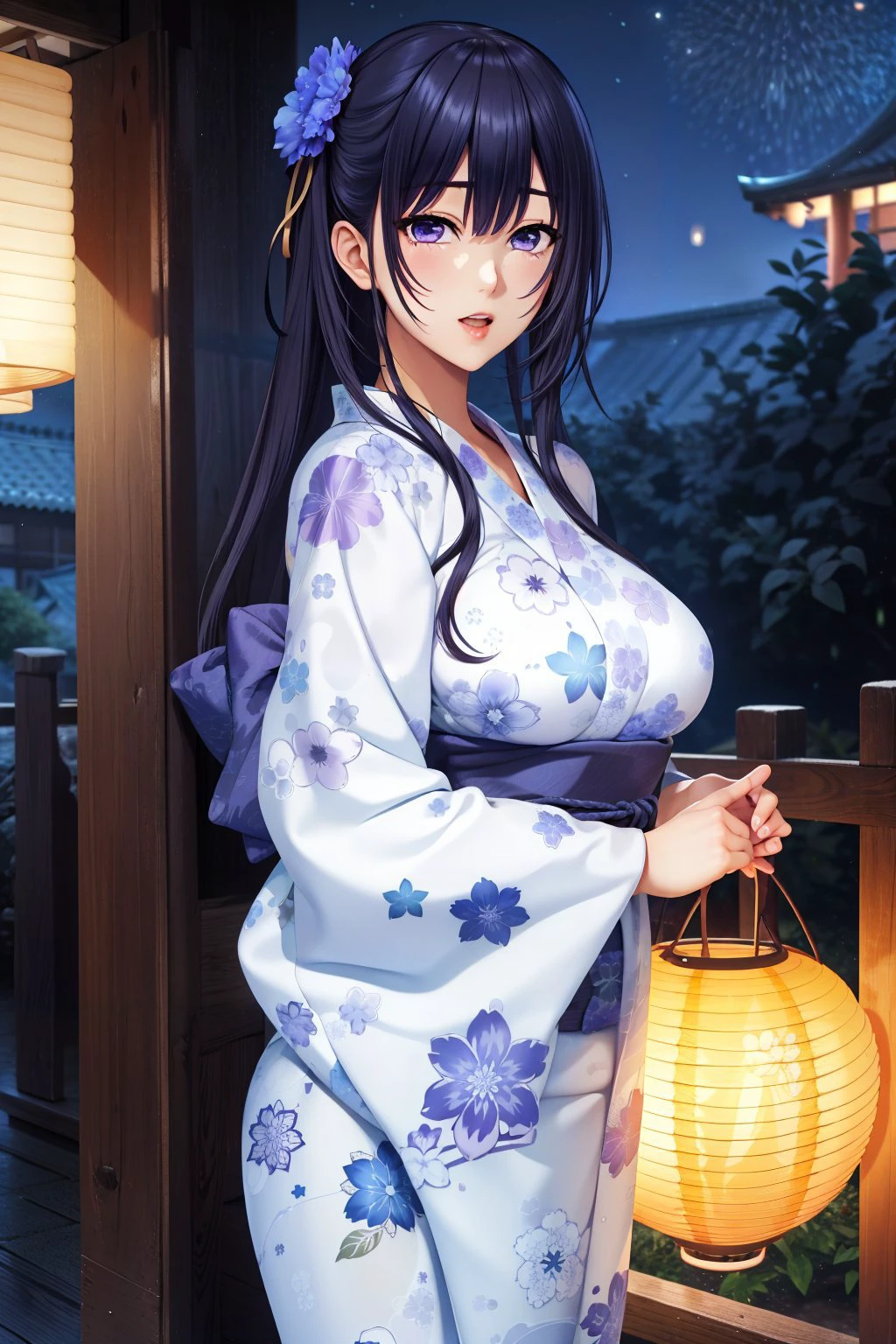 masterpiece, best quality, lanterns, festival, fireworks, night, sky, outdoors, absurdres, highres, <lora:suiren-10:0.7>, suiren_s2s, 1girl, solo, long hair, black hair, purple eyes, japanese clothes, sash, obi, floral print, yukata,