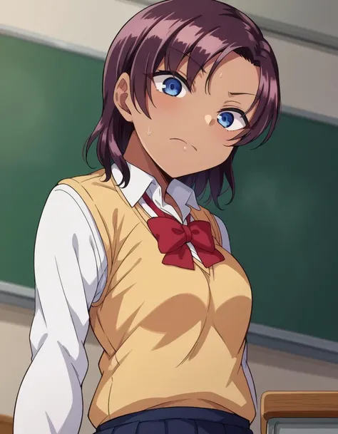 score_9, score_8_up, score_7_up, source_anime,
saehinata, <lora:sae-hinata-ponyxl-lora-nochekaiser:1>
sae hinata, blue eyes, purple hair, dark skin, dark-skinned female,
shirt, bow, school uniform, white shirt, collared shirt, bowtie, red bow, sweater vest, brown sweater, skirt, blue skirt,
indoors, classroom,
looking at viewer, dutch angle, cowboy shot,