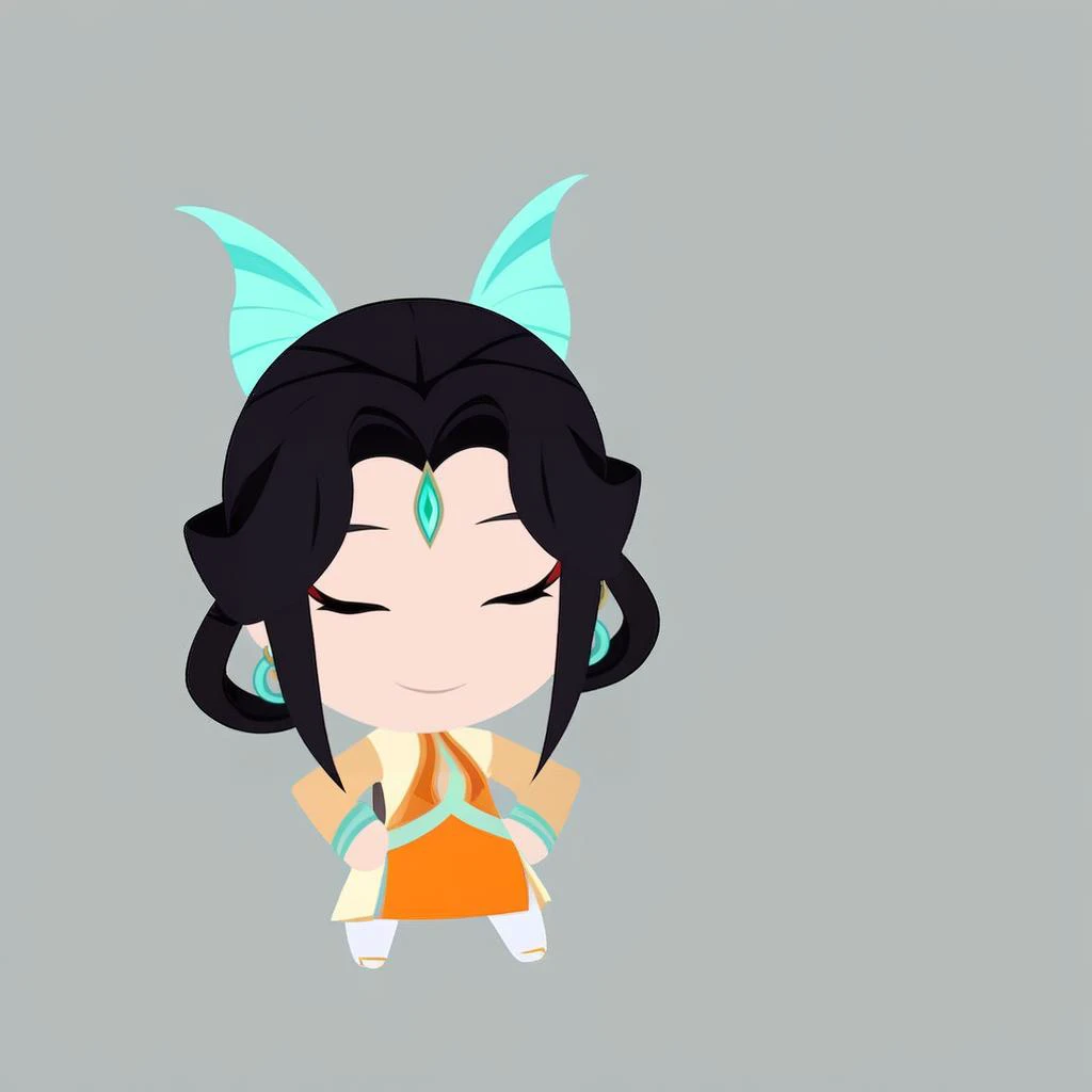 simple background, flat color, no lineart, chibi, solo, 1girl, fujin, smile, black hair, hair ornament, hair rings, forehead jewel, earrings, orange dress <lora:style_helltakerchibi_xl-000005:1> <lora:spgiFujinXL:1>