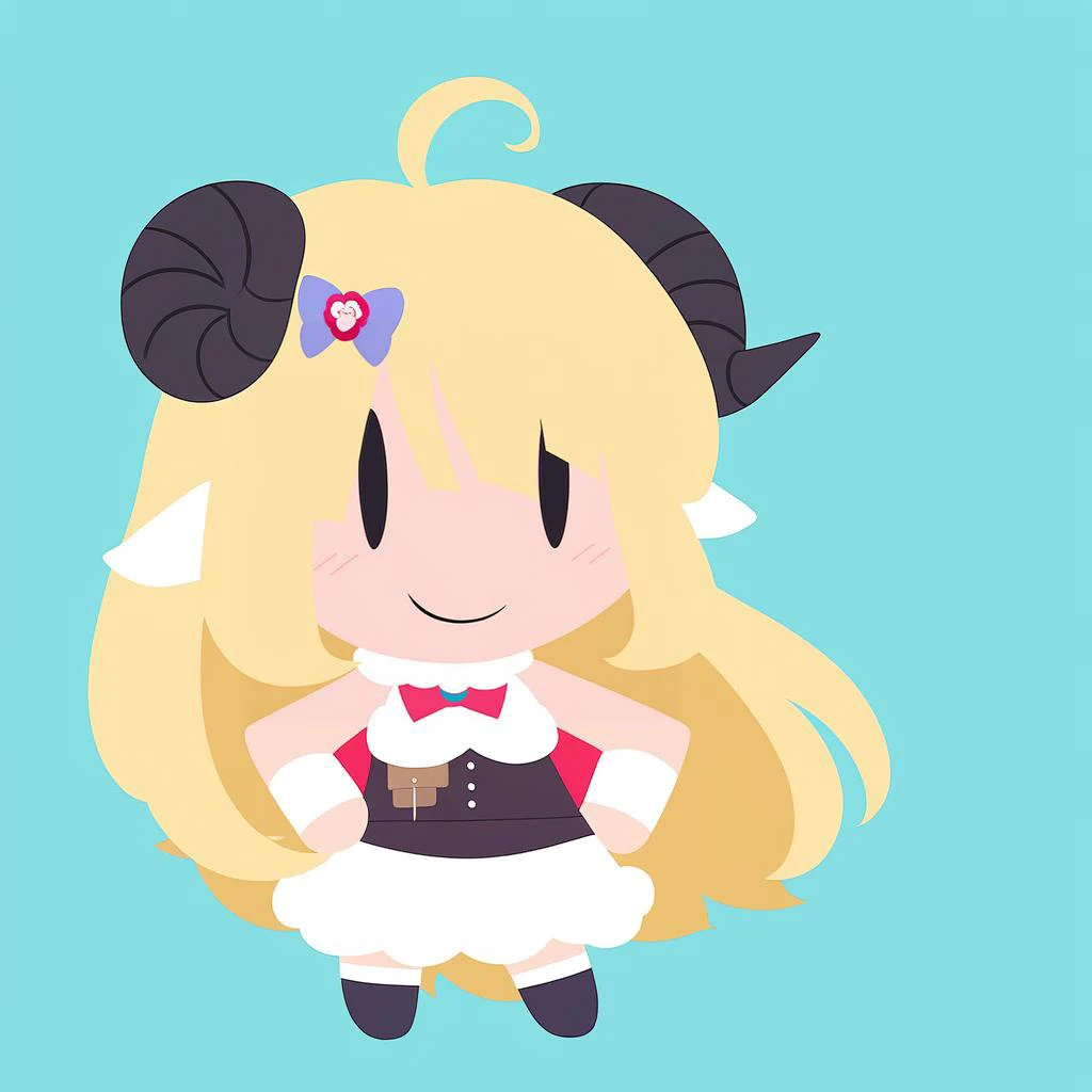 simple background, flat color, no lineart, chibi, solo, 1girl, TsunomakiWatame, smile, long hair, ahoge, WatameBase, very long hair, ahoge, sheep horns, hairclip, fur-trimmed dress, bowtie, detached sleeves, pouch, cape <lora:style_helltakerchibi_xl-000005:1> <lora:CHAR-WatameSDXL:1>