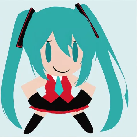 simple background, flat color, no lineart, chibi, solo, 1girl, hatsune miku, smile, hands on hips, twintails, sleeveless shirt, necktie, detached sleeves, skirt, black thighhighs <lora:style_helltakerchibi_xl-000005:1>