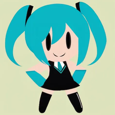 simple background, flat color, no lineart, chibi, solo, 1girl, hatsune miku, smile, hands on hips, twintails, sleeveless shirt, necktie, detached sleeves, skirt, black thighhighs <lora:style_helltakerchibi_xl-000005:1>