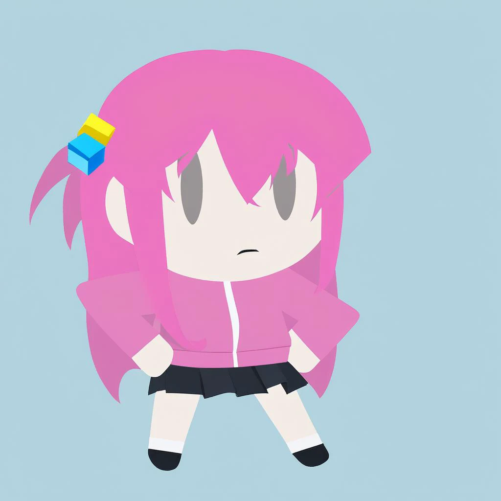 1girl, <lora:style_helltakerchibi_xl:1>, simple background, flat color, no lineart, chibi, gotohdef, one side up, cube hair ornament, pink jacket, track jacket, long sleeves, skirt, <lora:XL_Char_Bocchi_Gotoh:1>,