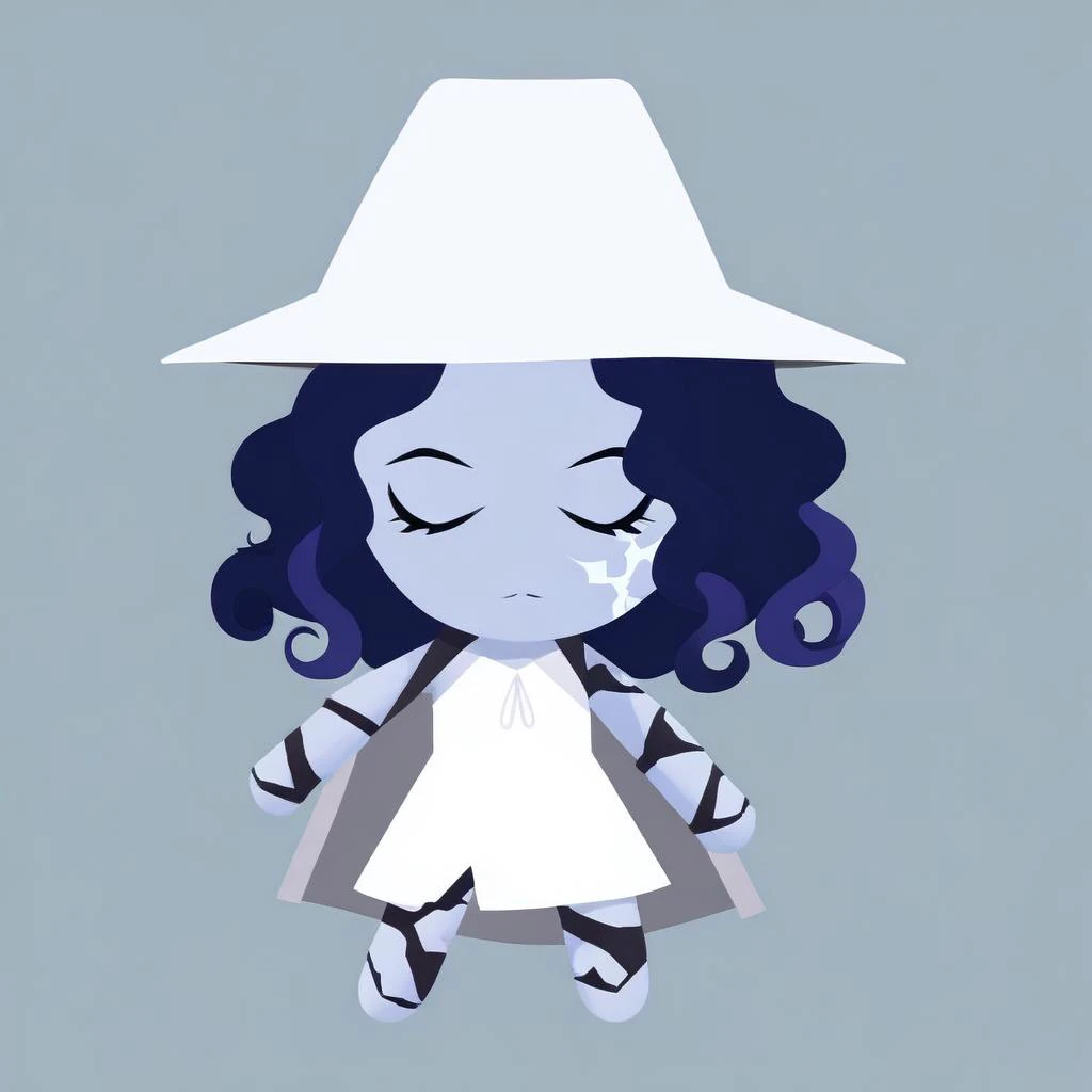 1girl, <lora:style_helltakerchibi_xl:1>, simple background, flat color, no lineart, chibi, IncrsXLRanni, wavy hair, cracked skin, colored skin, blue skin, (extra faces), extra arms, doll joints, white dress, hat, cloak, <lora:XL_Char_EldenRing_Ranni:1>, closed eyes,