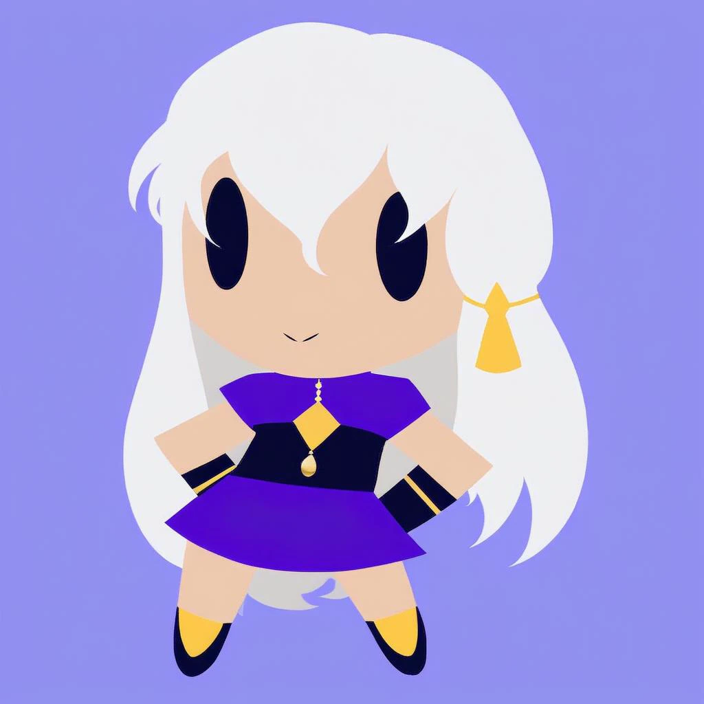 1girl, <lora:fireemblem_ordelia_xl:0.8>, lysitheatimeskip, hair ornament, purple dress, long sleeves, <lora:style_helltakerchibi_xl:1>, simple background, flat color, no lineart, chibi, white hair,