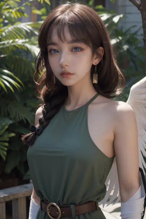 (Best Quality, Masterpiece:1.4), (Realism:1.2), (Realisitc:1.2), (Absurdres:1.2), (photorealistic:1.3), 1 girl,Realistic Skin,Solo,( Very Big Eyes,beautiful detailed eyes, symmetric eyes,), full body, outdoors, aanina, blonde hair, short hair, floating hair, hairband, green eyes, feathered wings, white wings, armor, red leotard, red shirt, belt, elbow gloves, white gloves, bandages, thighhighs, glowing light, (detailed background, complex background:1.2), (perfect face, detailed face), (mature female, milf:1.4), full-face blush, smile, parted lips, thighs, <lora:hiroi_kikuri:1>, hiroi_kikuri, long hair, braid, hair over shoulder, blunt bangs, single braid, hair bow, bow, dress, black bow, green dress, jacket, open jacket, open clothes, large breasts, (outdoors, garden)