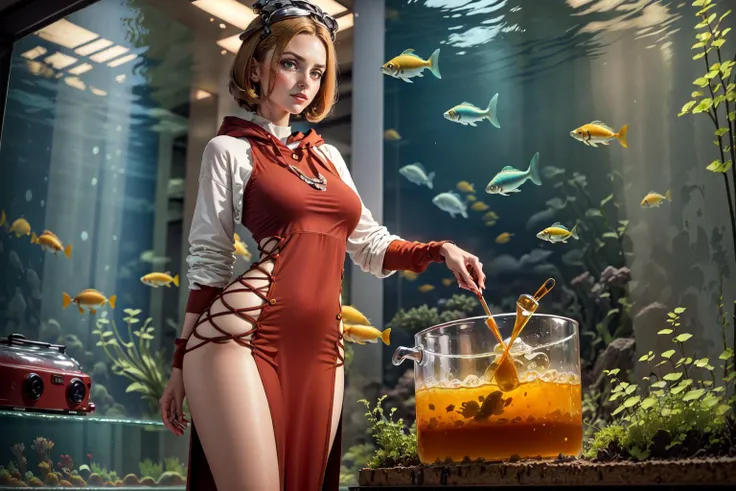 masterpiece, high detail, wide angle, full body shot , (( ethereal, Preparing a tincture to cure all ailments, in an aquarium )), courtier, dieselpunk, female in her Early forties , Lithe body , Modest Breasts  ,Melancholic facial expression , European, Layered bob , wearing [pelvic_curtain dress|hoodie],  <lora:aprilDoe_v10:.6>, <lyco:PelvicHoodie:1.0>