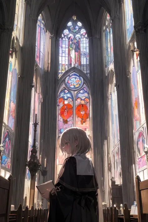 masterpiece, best quality, 1 girl, sister, church,Stained glass,Solemnity