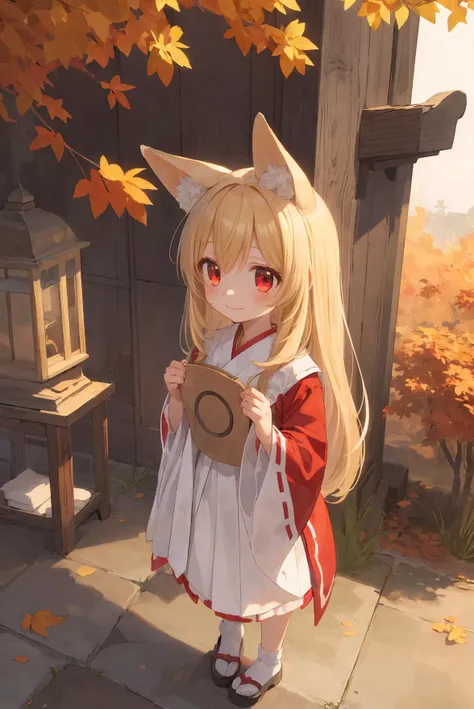 masterpiece, best quality, 1 girl, shrine maiden clothes, standing on ground covered with yellow and red leaves, standing with shrine behind, looking up, blonde, red eyes, fox ears, happy