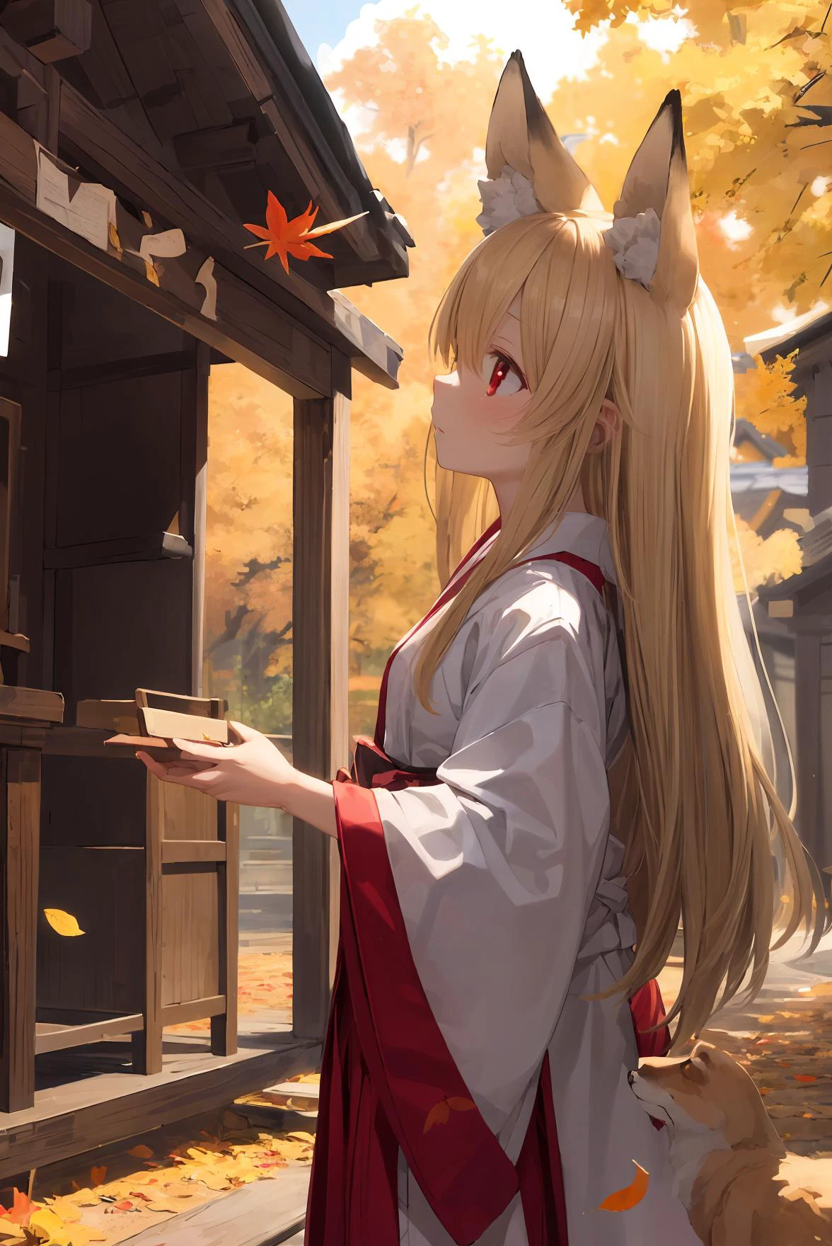 masterpiece, best quality, 1 girl, shrine maiden clothes, standing on ground covered with yellow and red leaves, standing with shrine behind, looking up, blonde, red eyes, fox ears, happy