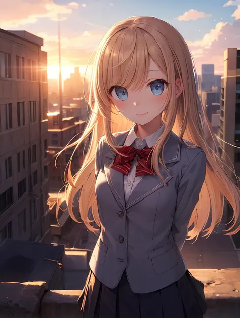 school uniform,scool zone,
epic, ultra quality, 16k, detailed beautiful face and eyes,
1girl, solo, sky, sunset, outdoors, sun, city, building,  angelic smile, arms behind back,
standing, cowboy shot, beautiful lighting, lens flare, blurry background,