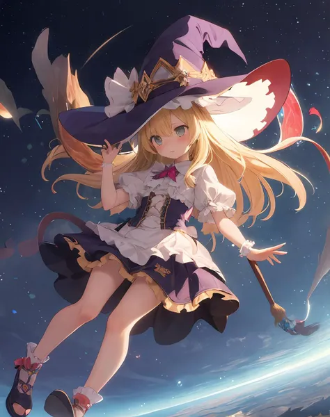 A psychedelic world spreads out below,
Witch girl floating in the sky Wearing a witch hat Frilled fantasy costume Blonde straight hair