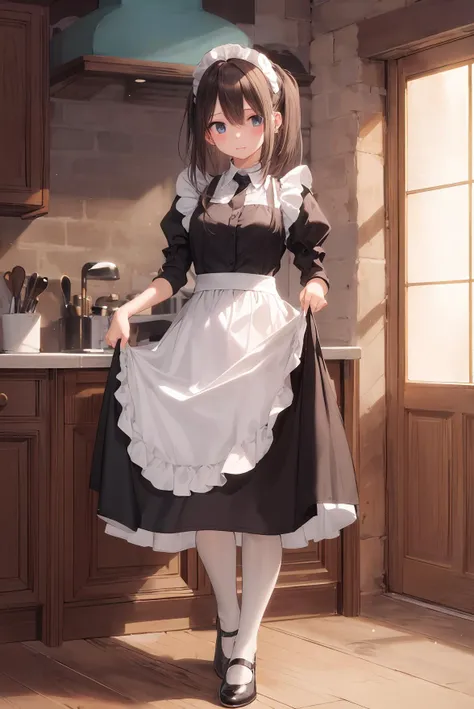 (masterpiece, best quality), full body, 1girl, solo, maid dress, skirt lift, at kitchen