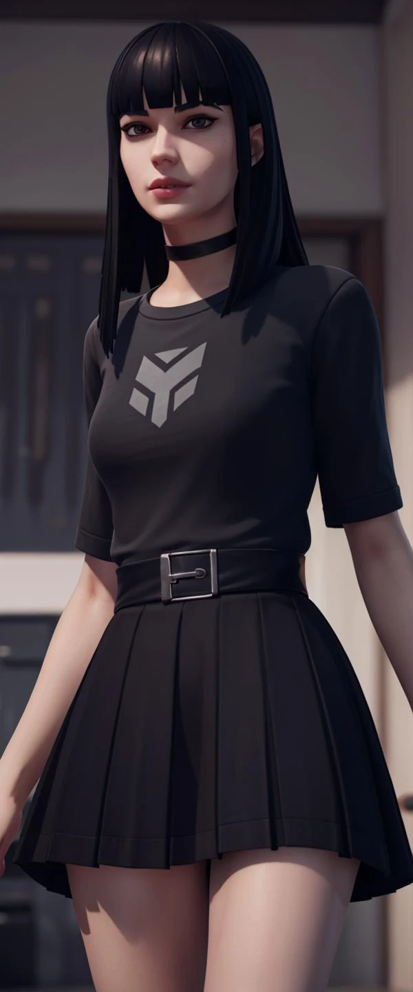 <lora:VRAMsCharlotte640:0.5>, xyzcharlotte, 1girl, black shirt, long hair, looking at viewer, portrait, masterpiece, best quality, blunt bangs, closeup, makeup, choker, skirt, belt, 3d model, octane render