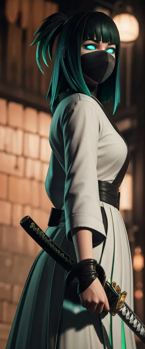 <lora:VRAMsCharlotte640:0.5>, xyzcharlotte, 1girl, shirt, katana, mouth mask, glowing eyes, multicolored hair, japanese clothes