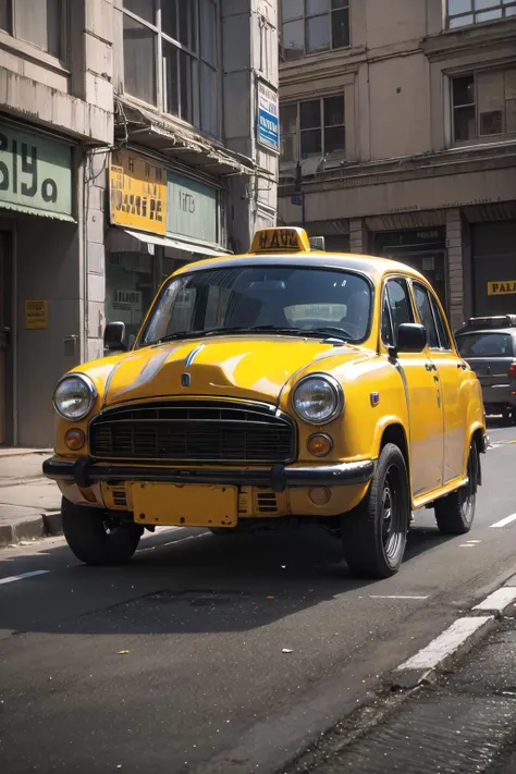 (highly detailed:1.3), solo,
<lora:hindustan_ambassador-10:1>, wrenchs_hindustanambassador, (yellow vehicle:1.1), taxi,
Ultra-detail, (highres:1.1), best quality, (masterpiece:1.3), cinematic lighting,