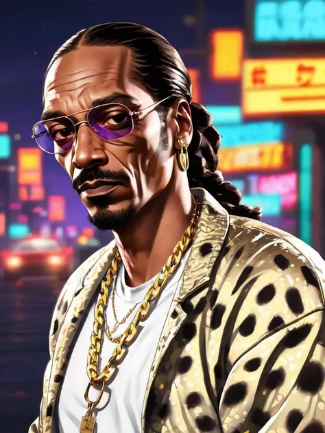 Illustration, digital art, (Gta 5 style:1.4), bright colors, (cartoon style:1.2), glamorous style, best quality, holistic, high detail, serious man, snoop dogg, in white cheetah jacket, gold chain, against a large night metropolis, neon lighting, soft light