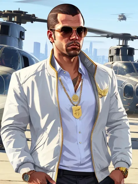 Illustration, digital art, (Gta 5 style:1.4), bright colors, (cartoon style:1.2), glamorous style, best quality, holistic, high detail, high detailing, waist-length, young glamorous man, in white jacket, gold square sunglasses, with weapons, majestic pose, looking into the distance, large chest, depth of field, in the background of a military base, helicopters