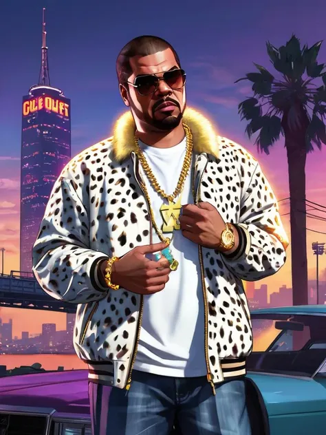 Illustration, digital art, (Gta 5 style:1.4), bright colors, (cartoon style:1.2), glamorous style, best quality, holistic, high detail, serious man, ice cube, in white cheetah jacket, gold chain, against a large night metropolis, neon lighting, soft light